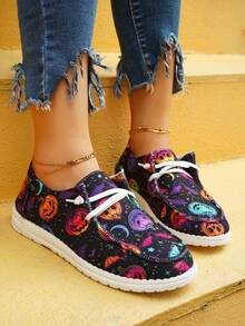 Women's Stylish Halloween Colorful Pumpkin Bat Moon Pattern Lace-up Casual Sports Shoes - Multicolor - View 4