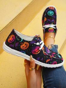 Women's Stylish Halloween Colorful Pumpkin Bat Moon Pattern Lace-up Casual Sports Shoes - Multicolor - View 5