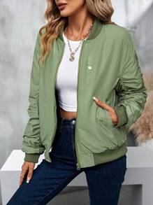 SHEIN Essnce 斜口袋褶皱袖拉链飞行员夹克加垫棉服外套冬季 - 綠色 - 查看 1