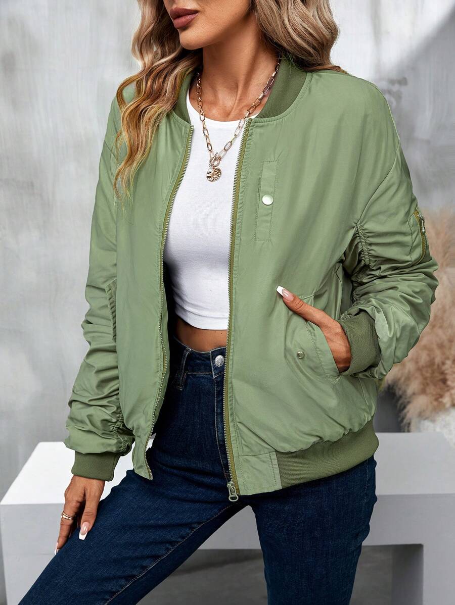 SHEIN Essnce 斜口袋褶皱袖拉链飞行员夹克加垫棉服外套冬季 - 綠色 - 查看 1