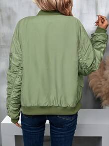 SHEIN Essnce 斜口袋褶皱袖拉链飞行员夹克加垫棉服外套冬季 - 綠色 - 查看 2