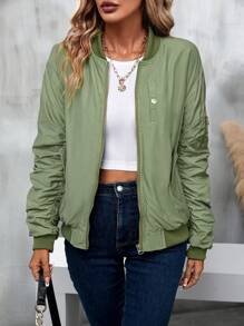 SHEIN Essnce 斜口袋褶皱袖拉链飞行员夹克加垫棉服外套冬季 - 綠色 - 查看 3