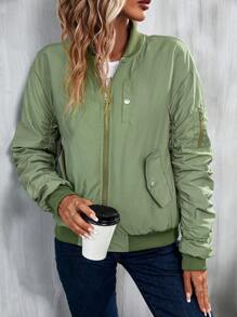 SHEIN Essnce 斜口袋褶皱袖拉链飞行员夹克加垫棉服外套冬季 - 綠色 - 查看 4