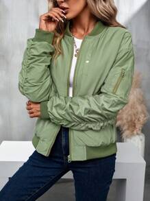 SHEIN Essnce 斜口袋褶皱袖拉链飞行员夹克加垫棉服外套冬季 - 綠色 - 查看 6