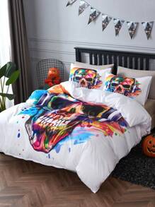 3 Stücke Bettbezug Set weiß Halloween Schädel Muster, Muster, Polyester