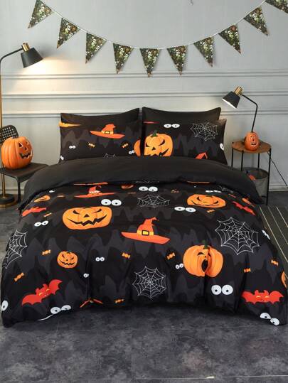 3pcs Black Halloween Hat Bat & Pumpkin Pattern Printed Polyester Quilt Cover Set, Queen Size