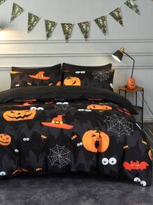 3pcs Đen Halloween Mũ Dơi & Họa tiết Bí ngô In Polyester Chăn bông Che phủ Bộ , Cỡ lớn - màu đen - Xem 2
