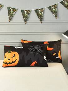 3pcs Đen Halloween Mũ Dơi & Họa tiết Bí ngô In Polyester Chăn bông Che phủ Bộ , Cỡ lớn - màu đen - Xem 3