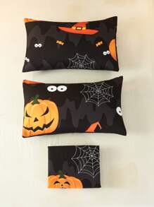 3pcs Đen Halloween Mũ Dơi & Họa tiết Bí ngô In Polyester Chăn bông Che phủ Bộ , Cỡ lớn - màu đen - Xem 4
