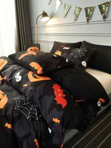 3pcs Đen Halloween Mũ Dơi & Họa tiết Bí ngô In Polyester Chăn bông Che phủ Bộ , Cỡ lớn - màu đen - Xem 5