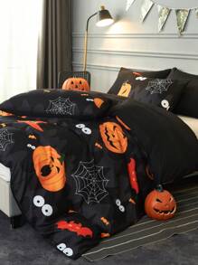 3pcs Đen Halloween Mũ Dơi & Họa tiết Bí ngô In Polyester Chăn bông Che phủ Bộ , Cỡ lớn - màu đen - Xem 6