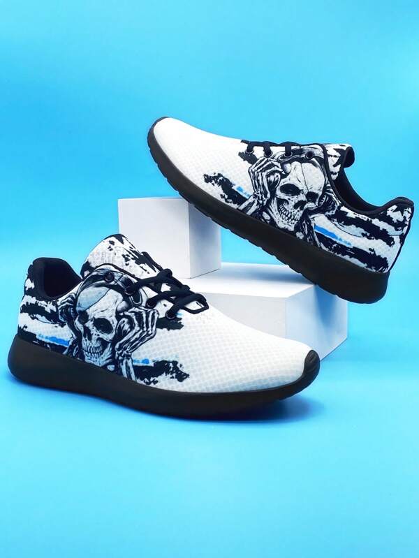 Zapatos informales para correr con estampado de bandera americana, barra y calavera, zapatillas deportivas transpirables y ligeras