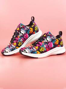 Rock & Roll Skull Patterned Women's Low Cut Sport Shoes With Light-reflecting Strips, Outdoor Anti-slip & Lightweight Design, Perfect For Music Festivals And Other Outdoor Activities