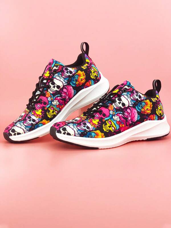 Zapatillas de deporte rock & rollo de cráneo patrón de mujeres corte bajo con , exterior anti deslizante & ligero diseño , perfecto para música festivales con otro actividades al aire libre