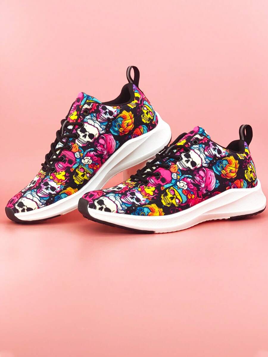 Rock & Roll Skull Patterned Women's Low Cut Sport Shoes With Light-reflecting Strips, Outdoor Anti-slip & Lightweight Design, Perfect For Music Festivals And Other Outdoor Activities