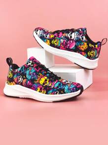 Rock & Roll Skull Patterned Women's Low Cut Sport Shoes With Light-reflecting Strips, Outdoor Anti-slip & Lightweight Design, Perfect For Music Festivals And Other Outdoor Activities