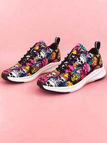 Rock & Roll Skull Patterned Women's Low Cut Sport Shoes With Light-reflecting Strips, Outdoor Anti-slip & Lightweight Design, Perfect For Music Festivals And Other Outdoor Activities