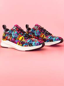 Rock & Roll Skull Patterned Women's Low Cut Sport Shoes With Light-reflecting Strips, Outdoor Anti-slip & Lightweight Design, Perfect For Music Festivals And Other Outdoor Activities