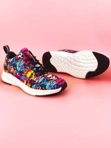 Rock & Roll Skull Patterned Women's Low Cut Sport Shoes With Light-reflecting Strips, Outdoor Anti-slip & Lightweight Design, Perfect For Music Festivals And Other Outdoor Activities