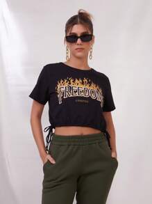 SHE(IN) BRASIL Đồ họa Chữ cái Viền kéo ra Áo phông Crop - màu đen - Xem 1