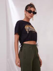 SHE(IN) BRASIL Đồ họa Chữ cái Viền kéo ra Áo phông Crop - màu đen - Xem 5