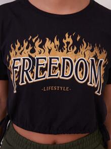 SHE(IN) BRASIL Đồ họa Chữ cái Viền kéo ra Áo phông Crop - màu đen - Xem 4