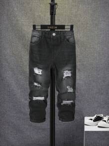 SHEIN Chico joven Jeans desgarro crudo con lavado - Negro - Ver 1