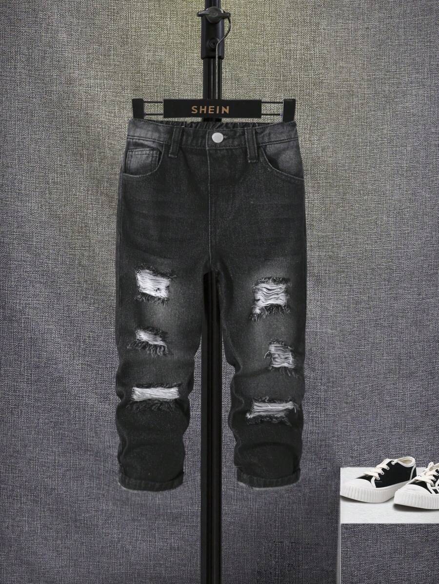 SHEIN Chico joven Jeans desgarro crudo con lavado - Negro - Ver 1