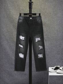 SHEIN Chico joven Jeans desgarro crudo con lavado - Negro - Ver 3