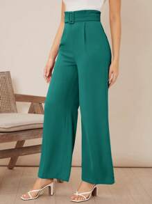 SHEIN Privé Solid Belted Wide Leg Trousers - Cadet Blue - View 1