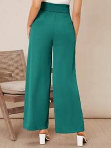 SHEIN Privé Solid Belted Wide Leg Trousers - Cadet Blue - View 2
