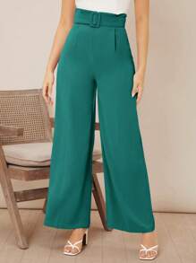 SHEIN Privé Solid Belted Wide Leg Trousers - Cadet Blue - View 3