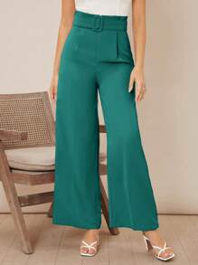 SHEIN Privé Solid Belted Wide Leg Trousers - Cadet Blue - View 5