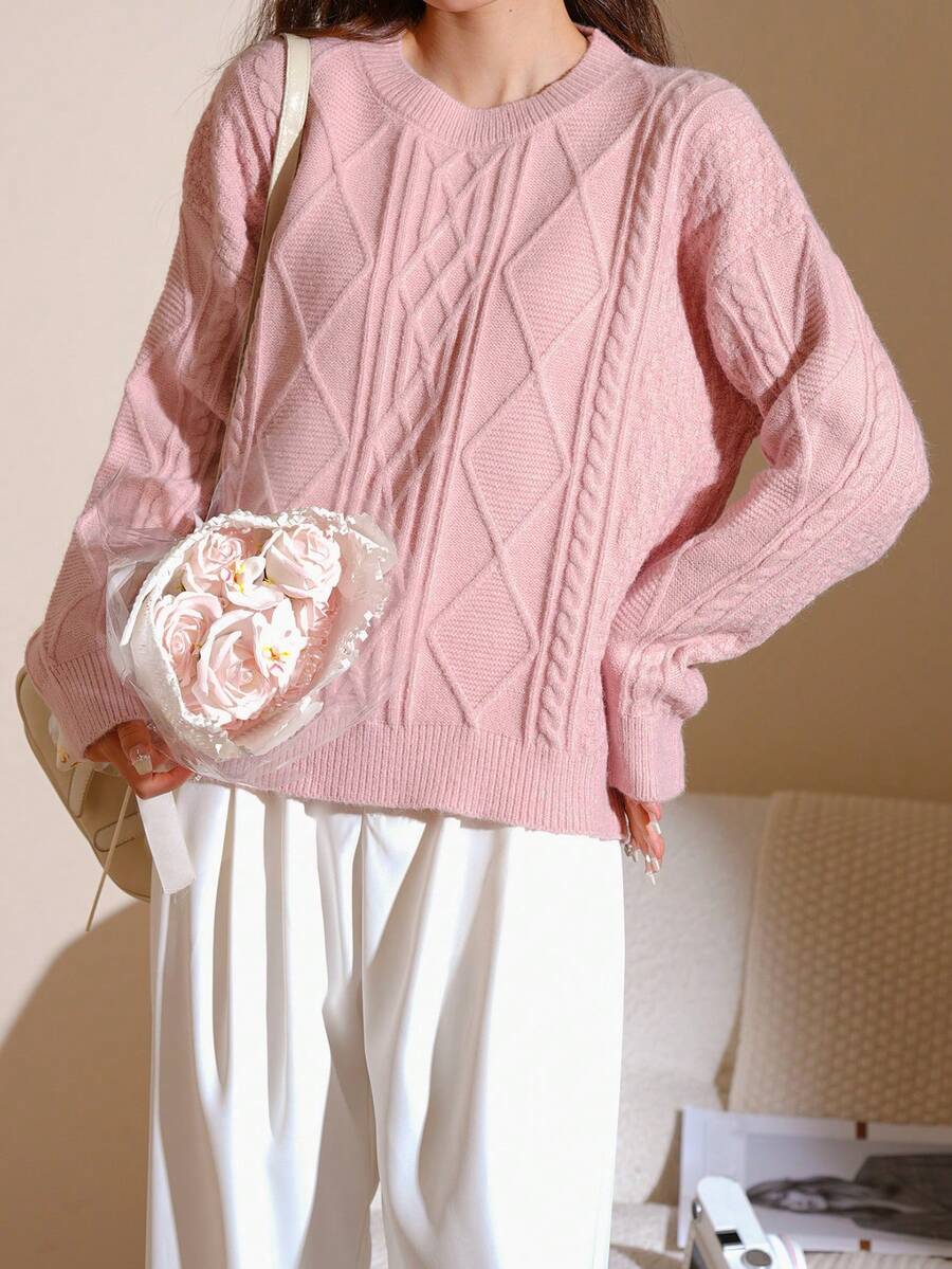 素色落肩袖絨毛針織套頭毛衣 - 粉色 - 查看 1