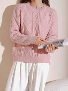 素色落肩袖絨毛針織套頭毛衣 - 粉色 - 查看 3