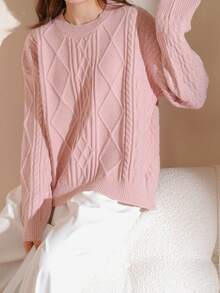 素色落肩袖絨毛針織套頭毛衣 - 粉色 - 查看 4