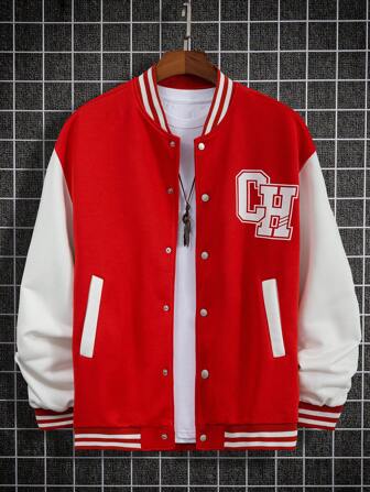 Prep Herren Buchstabe Grafik Gestreifte Trim Farbblock Drop Shoulder Collegejacke