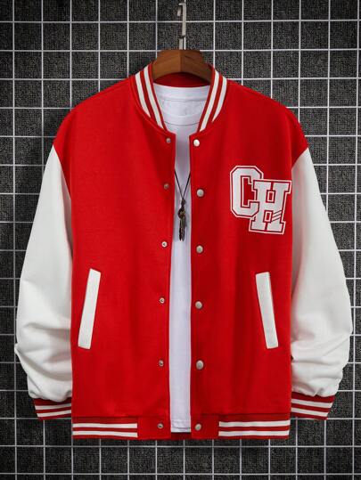 Prep Men Letter Graphic Striped Trim Colorblock Drop Shoulder Varsity Jacket