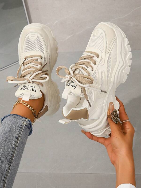 Women's Mesh Thick Sole Sneakers, Beige, Spring/Summer Breathable Casual Chunky Sneakers