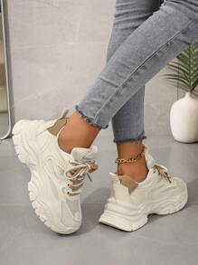 New Women Thick Sole Sneakers, Beige Khaki Mesh Fashionable Flat Casual Shoes, Outdoor Round Toe Lace-Up Chunky Sneakers, Suitable For All Seasons
