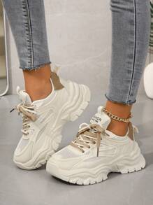 New Women Thick Sole Sneakers, Beige Khaki Mesh Fashionable Flat Casual Shoes, Outdoor Round Toe Lace-Up Chunky Sneakers, Suitable For All Seasons