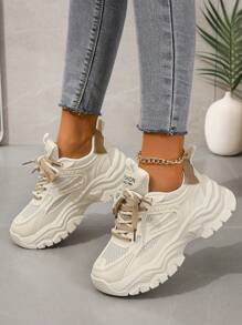 New Women Thick Sole Sneakers, Beige Khaki Mesh Fashionable Flat Casual Shoes, Outdoor Round Toe Lace-Up Chunky Sneakers, Suitable For All Seasons