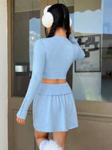 SHEIN EZwear Solid Crop Sweater & Knit Skirt - Blue - View 2