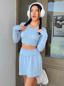 SHEIN EZwear Solid Crop Sweater & Knit Skirt - Blue - View 3