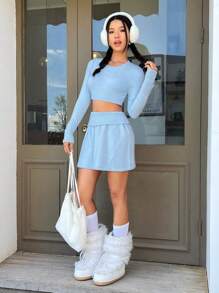 SHEIN EZwear Solid Crop Sweater & Knit Skirt - Blue - View 4