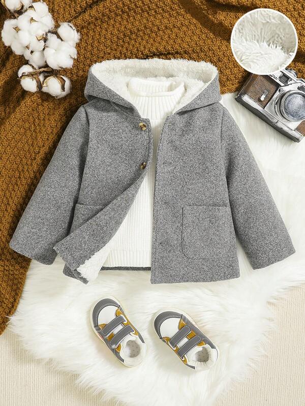 SHEIN Baby Boy Dual Pocket Teddy Lined Hooded Coat