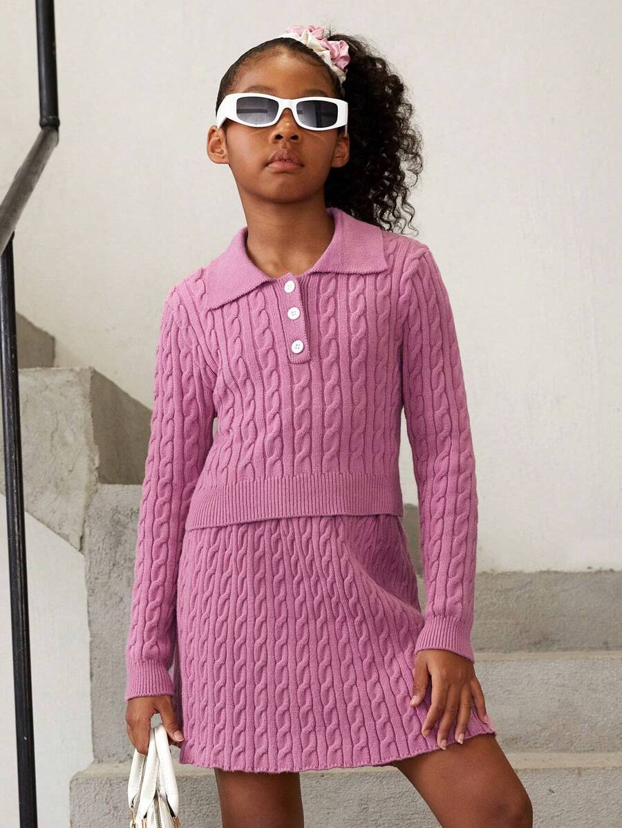 SHEIN Tween Girl Cable Knit Sweater & Knit Skirt - Pink - View 1
