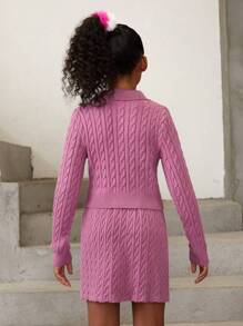SHEIN Tween Girl Cable Knit Sweater & Knit Skirt - Pink - View 2