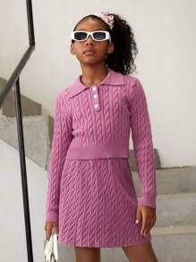 SHEIN Tween Girl Cable Knit Sweater & Knit Skirt - Pink - View 3