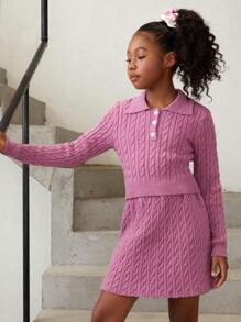 SHEIN Tween Girl Cable Knit Sweater & Knit Skirt - Pink - View 4